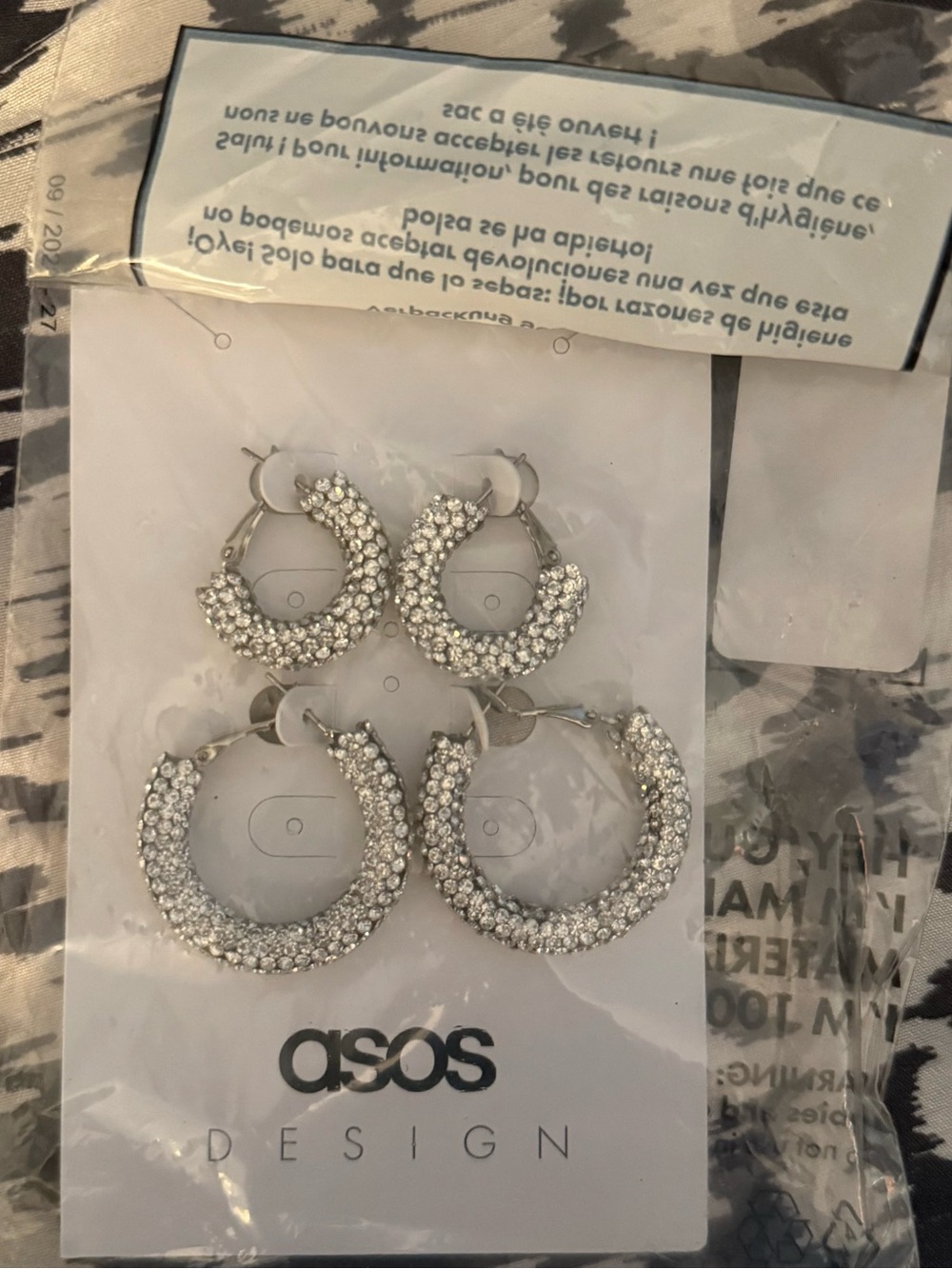 ASOS DESIGN pack of 2 25mm 35mm hoop earrings in crystal drench